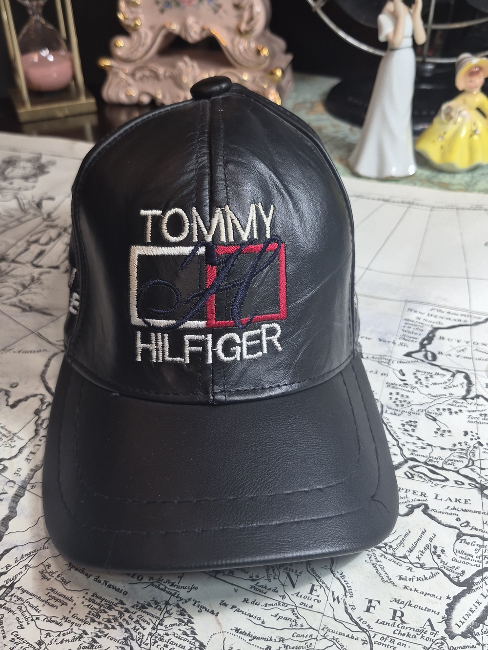 VINTAGE Tommy Hilfiger Black Leather Baseball Cap with Red, White & Navy Logo